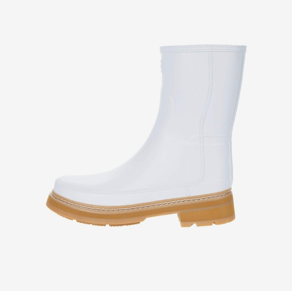 Hunter Refined Short Stitch Detail Wellington Waterproof Boots Spurrey White Tan